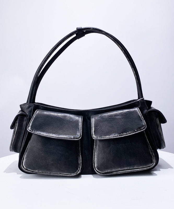 Stylish Black Pockets Durable Faux Leather Satchel Handbag