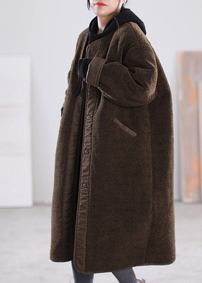 Loose Coffee O-Neck Patchwork Button Pockets  Faux Fur Coats Long Sleeve