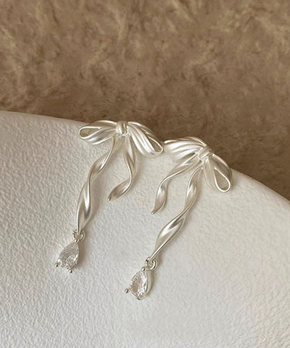 Elegant White Copper Alloy Butterfly Silk Ribbon Drop Earrings