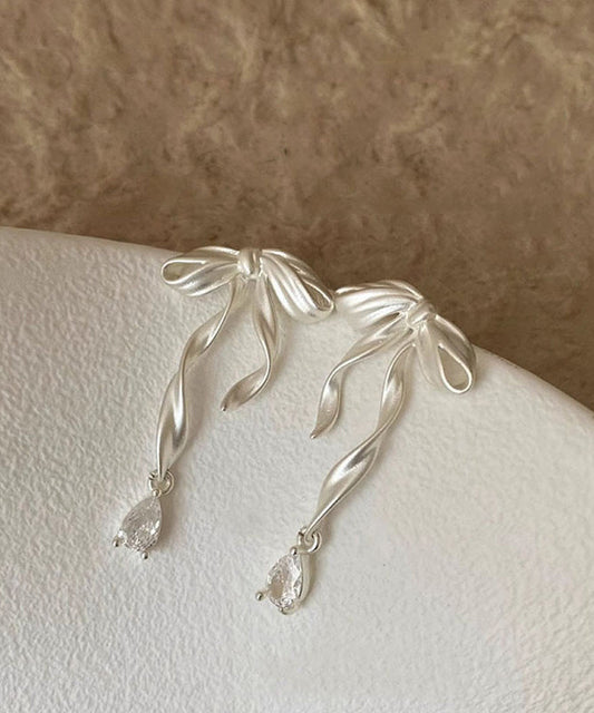 Elegant White Copper Alloy Butterfly Silk Ribbon Drop Earrings
