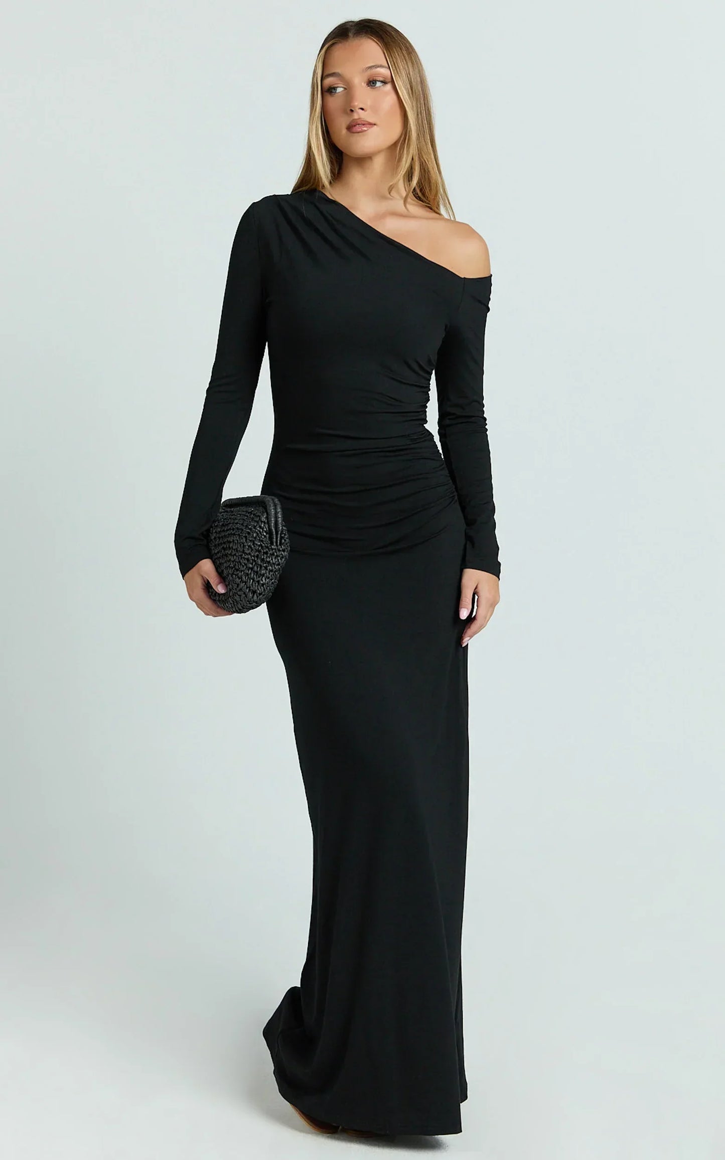 Milly Maxi Dress - Asymmetrical Off Shoulder Long Sleeve Side Ruching Maxi Dress In Black