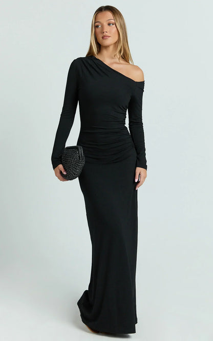 Milly Maxi Dress - Asymmetrical Off Shoulder Long Sleeve Side Ruching Maxi Dress In Black