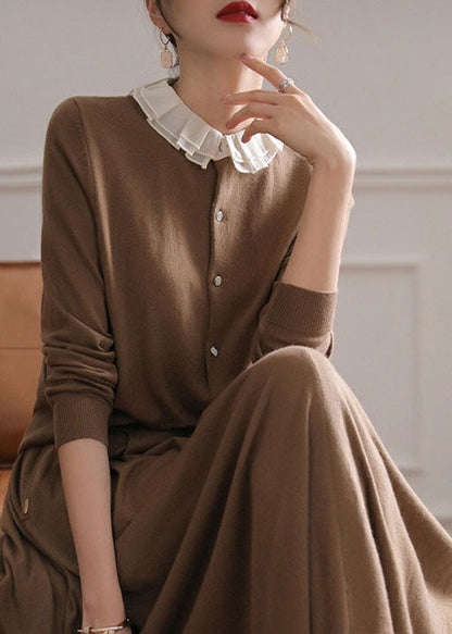 Women Coffee O-Neck Ruffled Patchwork Cashmere Cardigans Spring