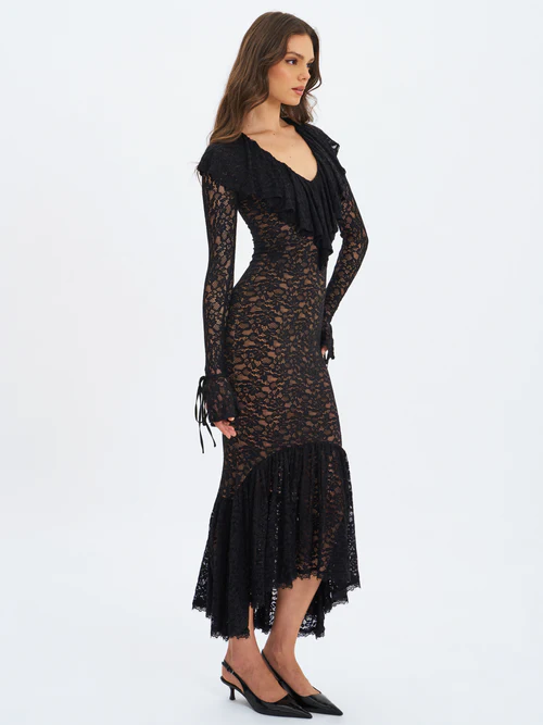 Sexy Long Sleeve Low-Cut Lace Stitching Dress