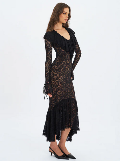 Sexy Long Sleeve Low-Cut Lace Stitching Dress
