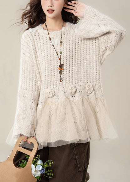Apricot Floral Pearl Tulle Patchwork Knit Sweaters Hollow Out