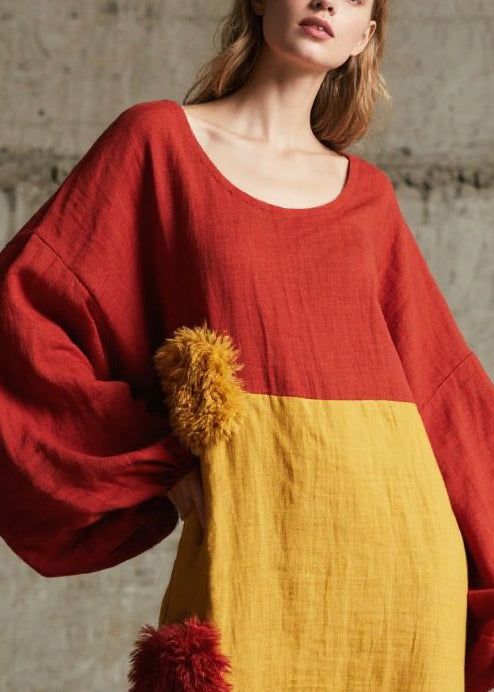 Colorblock Patchwork Maxi Dresses Oversized Fuzzy Ball Decorated Fall