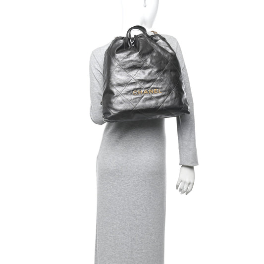 Shiny Calfskin Quilted Chanel 22 Backpack Grey