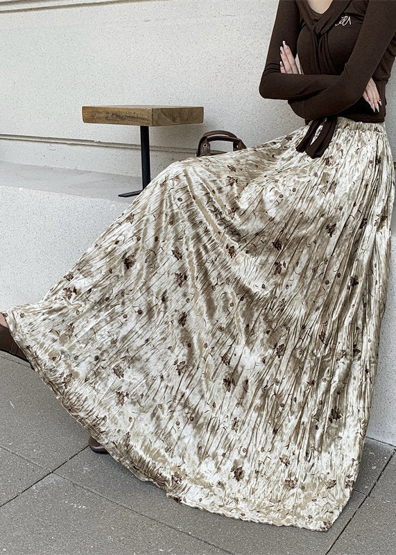 Women Apricot Print Draping Silk Velvet Skirts Spring