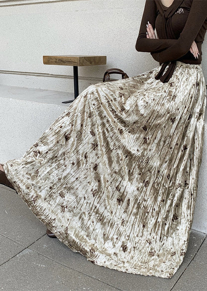 Women Apricot Print Draping Silk Velvet Skirts Spring