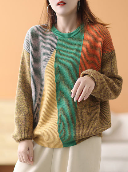 Women Winter Casual Geometric Colorblock Sweater