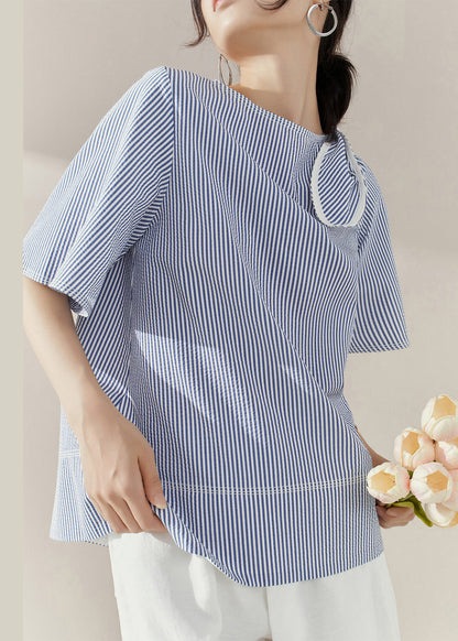Natural Blue O-Neck Striped Bow Tops Summer