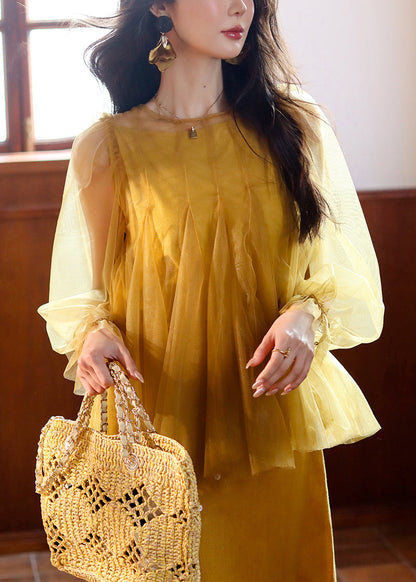 Art Yellow Solid Tank And Tops Tulle Two Pieces Set Butterfly Sleeve