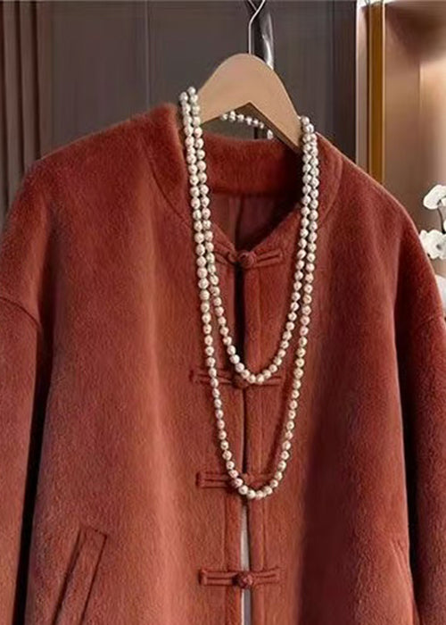 Elegant Orange O-Neck Button Pockets Woolen Coats Winter