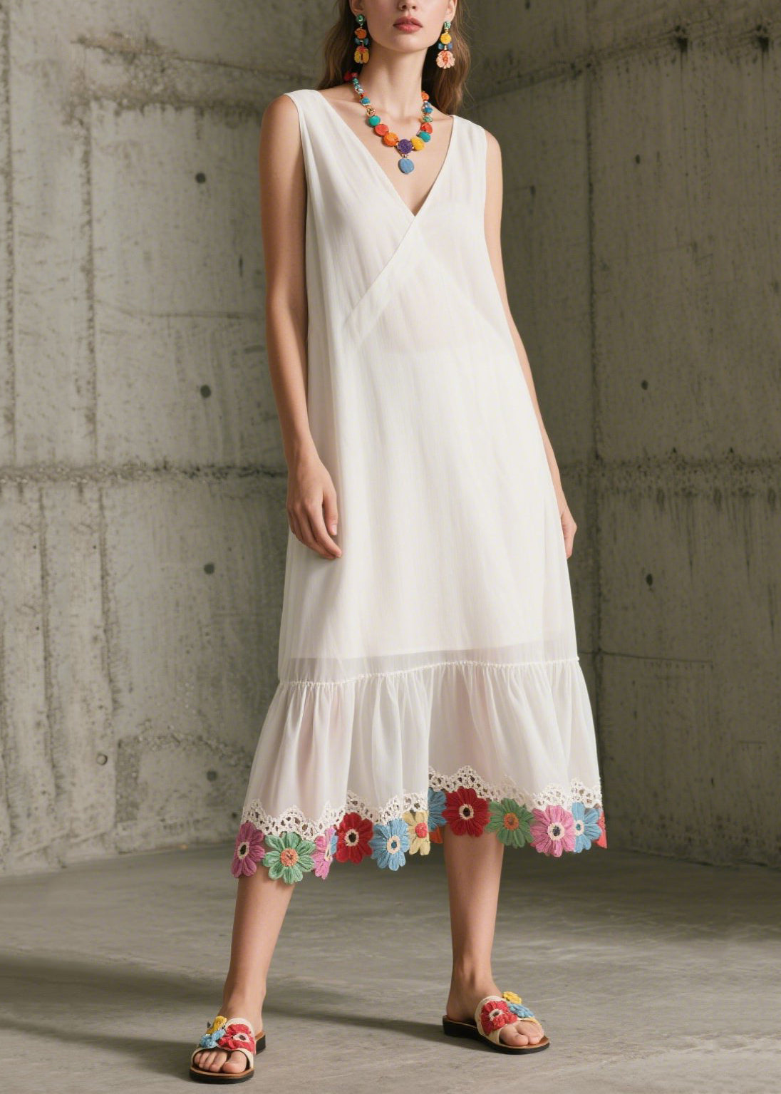 DIY White V Neck Patchwork Lace Chiffon Maxi Dresses Sleeveless