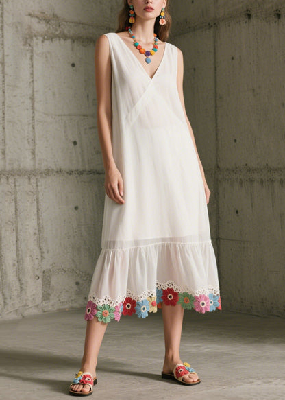 DIY White V Neck Patchwork Lace Chiffon Maxi Dresses Sleeveless
