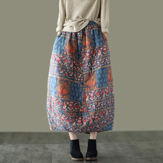 Winter Retro Ethnic Style Cotton Linen Floral Skirt