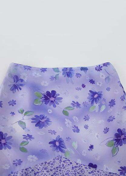 Elegant Purple Zippered Print Patchwork Chiffon Skirt Summer