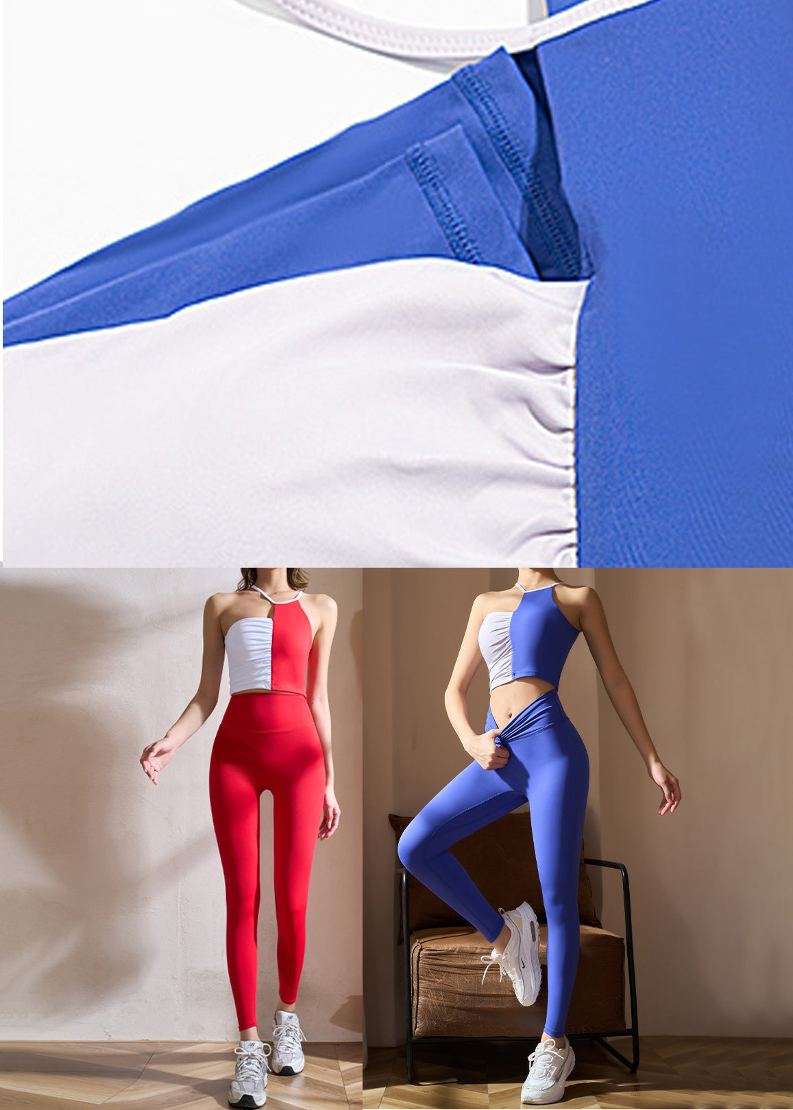 Blue Cold Shoulder Sports Patchwork Bra And Leggings Set Suit