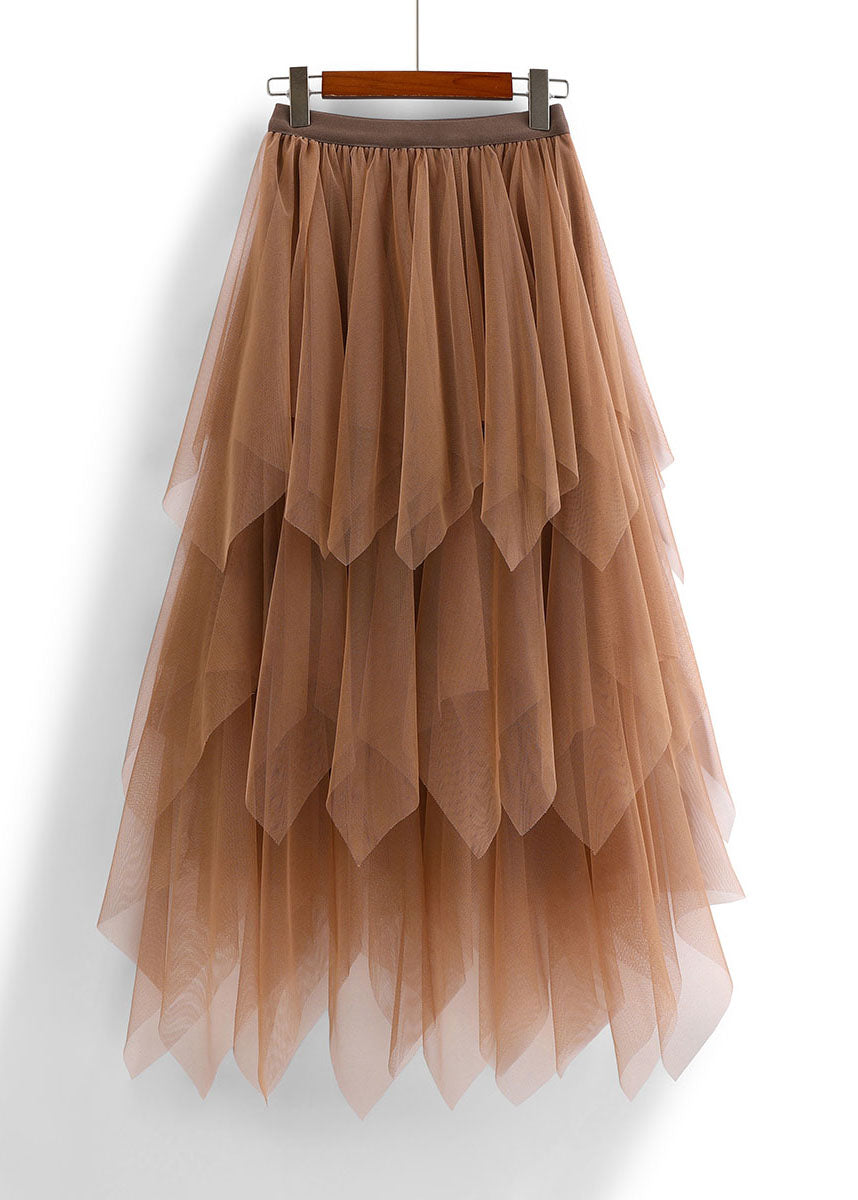 Casual Coffee Asymmetric Design Elastic Waist Tulle Skirts Spring
