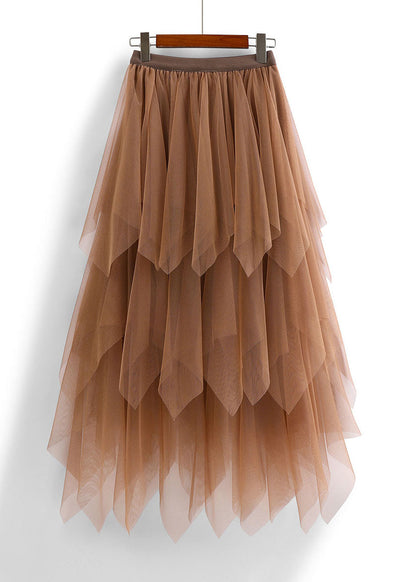 Casual Coffee Asymmetric Design Elastic Waist Tulle Skirts Spring