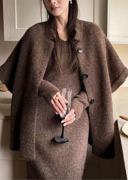 Original Coffee Fur Collar Solid Knit Three Piece Set Batwing Sleeve