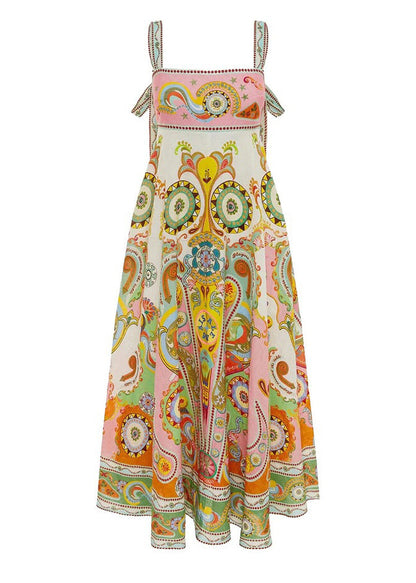 Original Design Slash Neck Print Long Spaghetti Strap Dresses Sleeveless