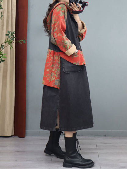 Women Denim Patchwork Print  Hooded Long Coat