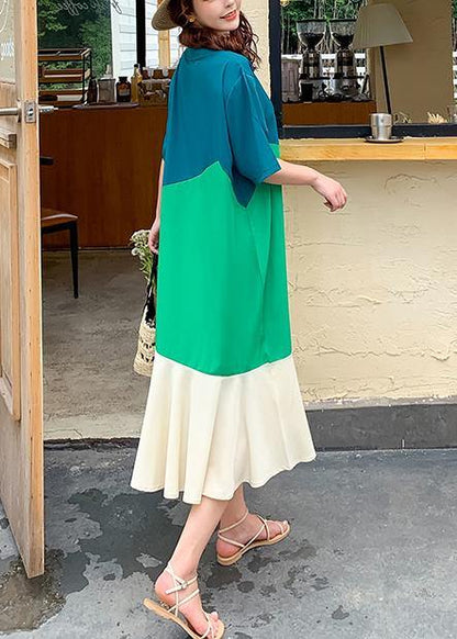 Modern o neck Ruffles clothes Runway green patchwork Art Dress