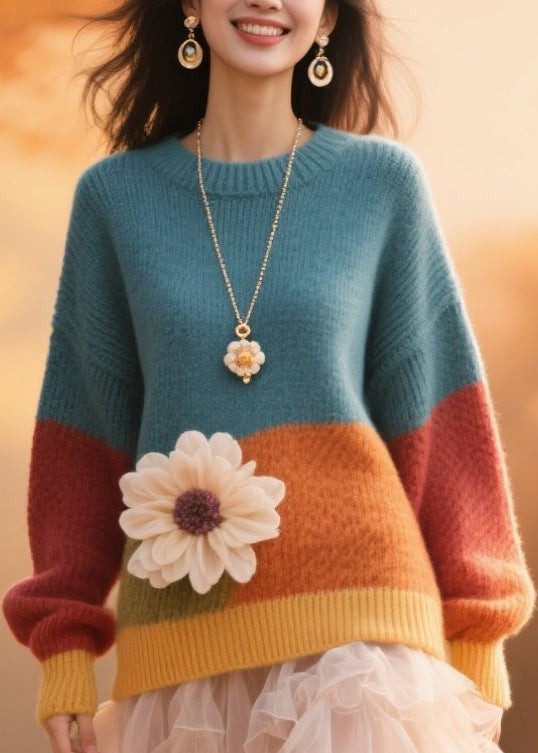 Plus Size Colorblock O Neck Floral Knit Pullover Fall