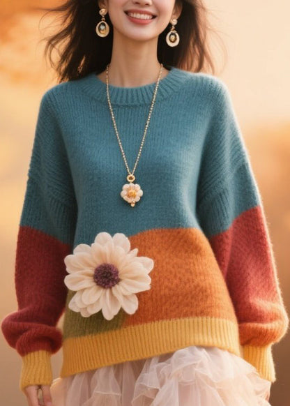 Plus Size Colorblock O Neck Floral Knit Pullover Fall
