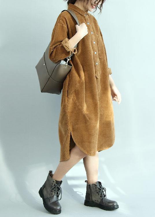 Simple yellow corduroy Tunic side open Knee fall Dresses