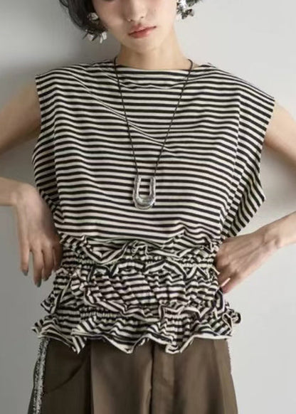 Elegant Black Ruffled Striped Cotton Beach Vest Summer