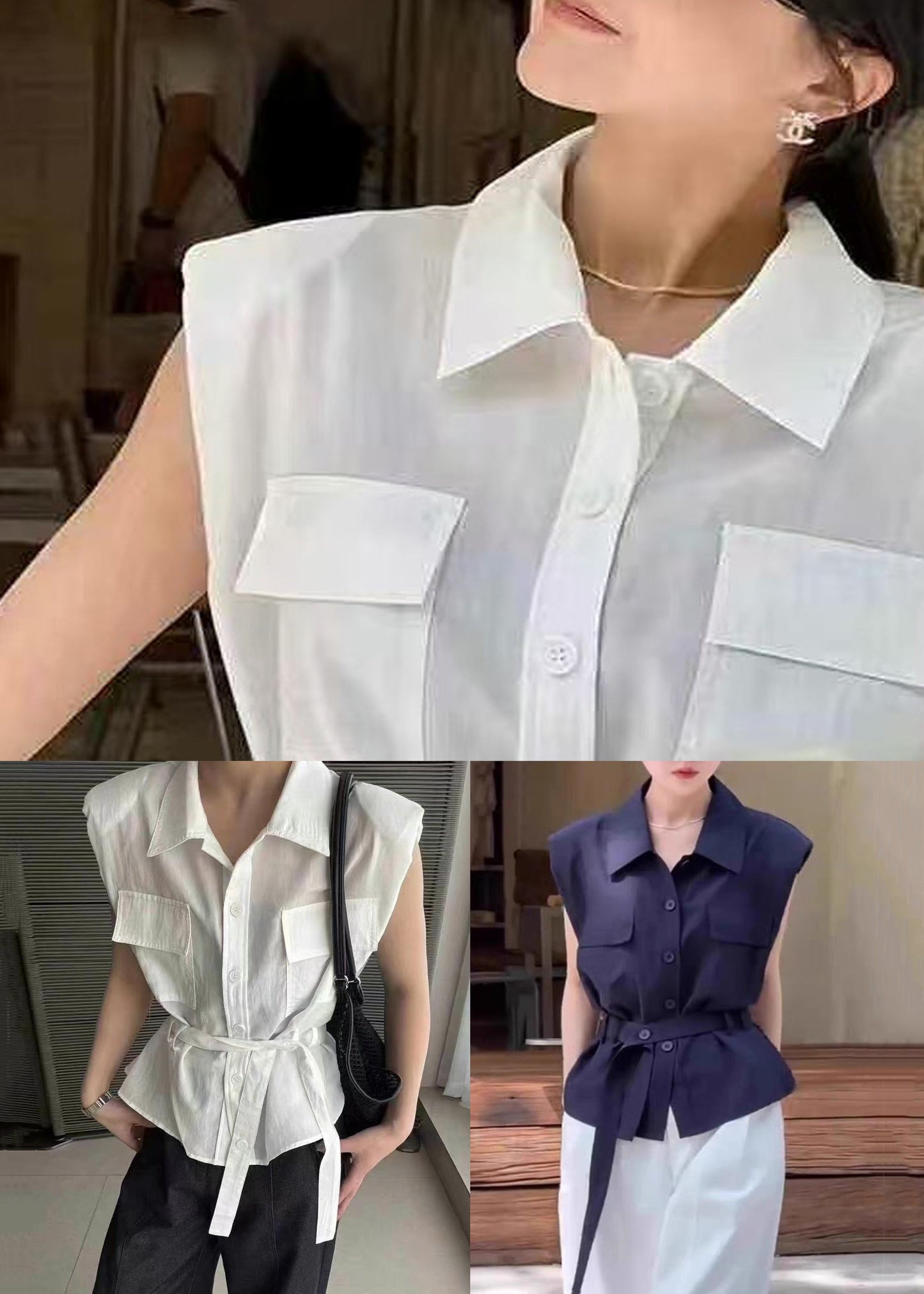 Women Navy Peter Pan Collar Button Cotton Shirt Sleeveless