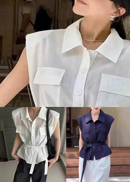 Women Navy Peter Pan Collar Button Cotton Shirt Sleeveless