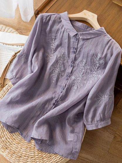 Embroidered Half Sleeve Casual Linen Shirt Top