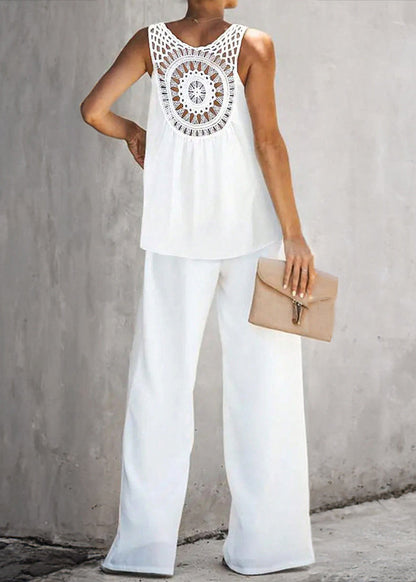 Loose White Hollow Out Solid Cotton Two Pieces Set Sleeveless