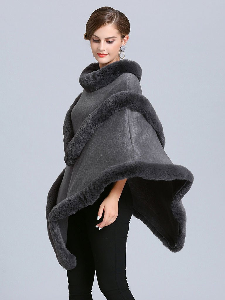 Women Coat Cape Peacoat Faux Fur Collar Poncho
