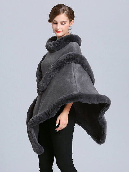 Women Coat Cape Peacoat Faux Fur Collar Poncho