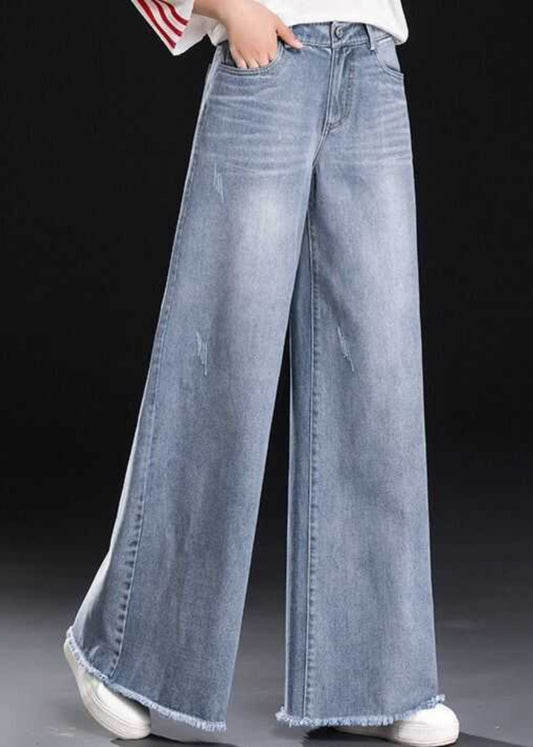 Women Light Blue Tasseled Denim Straight Pants Summer