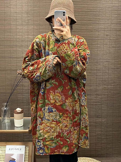 Winter Ethnic Button Floral Print Splict Hem Coat