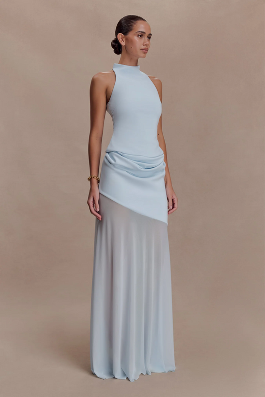 Light Blue Halter Neck Waist-Cinched Asymmetrical Chiffon Maxi Dress | Luxury Elegant Evening Gown