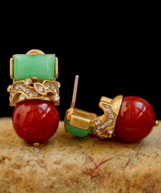 Vintage Colorblock Sterling Silver Overgild Zircon Jade Agate Stud Earrings
