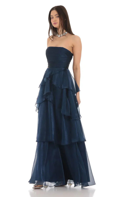 Corset Ruffle Strapless Maxi Dress In Navy