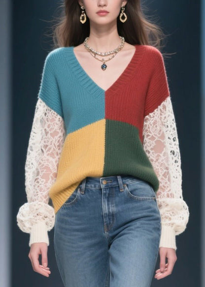 Casual Mixed Color Hollow Out Patchwork Lace Sweater Tops Fall