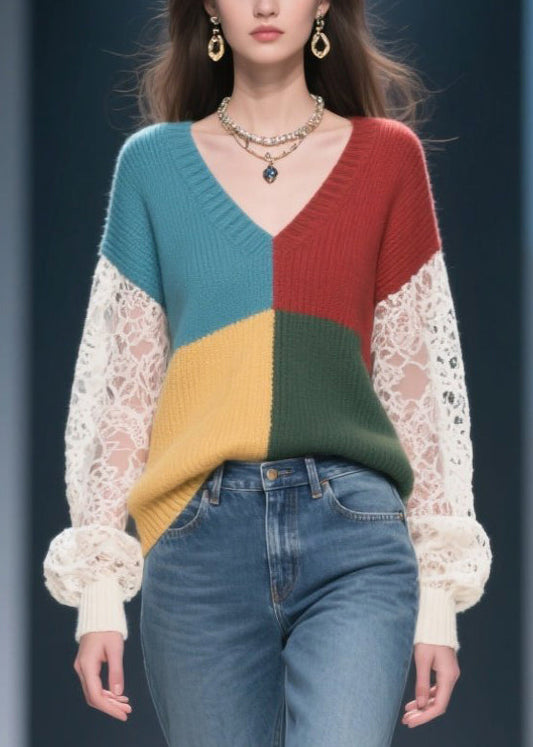 Casual Mixed Color Hollow Out Patchwork Lace Sweater Tops Fall