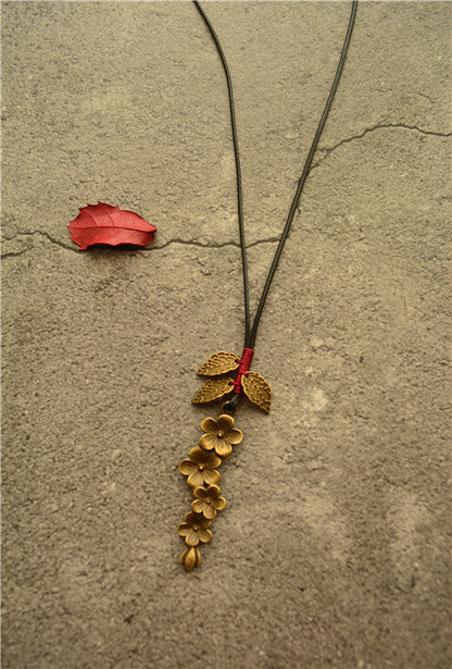 Cotton Linen Bronze Plum Blossom Leaves Literary Long Necklace