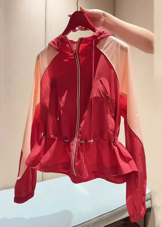 New Red Hooded Zippered Drawstring Patchwork Cotton Coats Summer