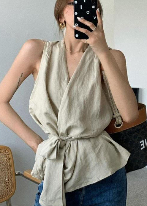 Vintage White Tie Waist Linen Vests Sleeveless