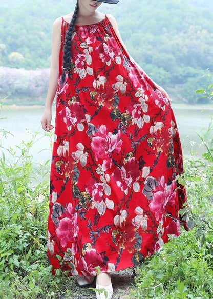 100% red floral linen sleeveless long summer Dresses